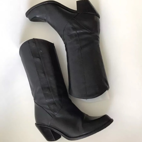 Vintage Black Leather Western Style Boots Stack Heel Snaps Size 7.5 - Picture 1 of 5